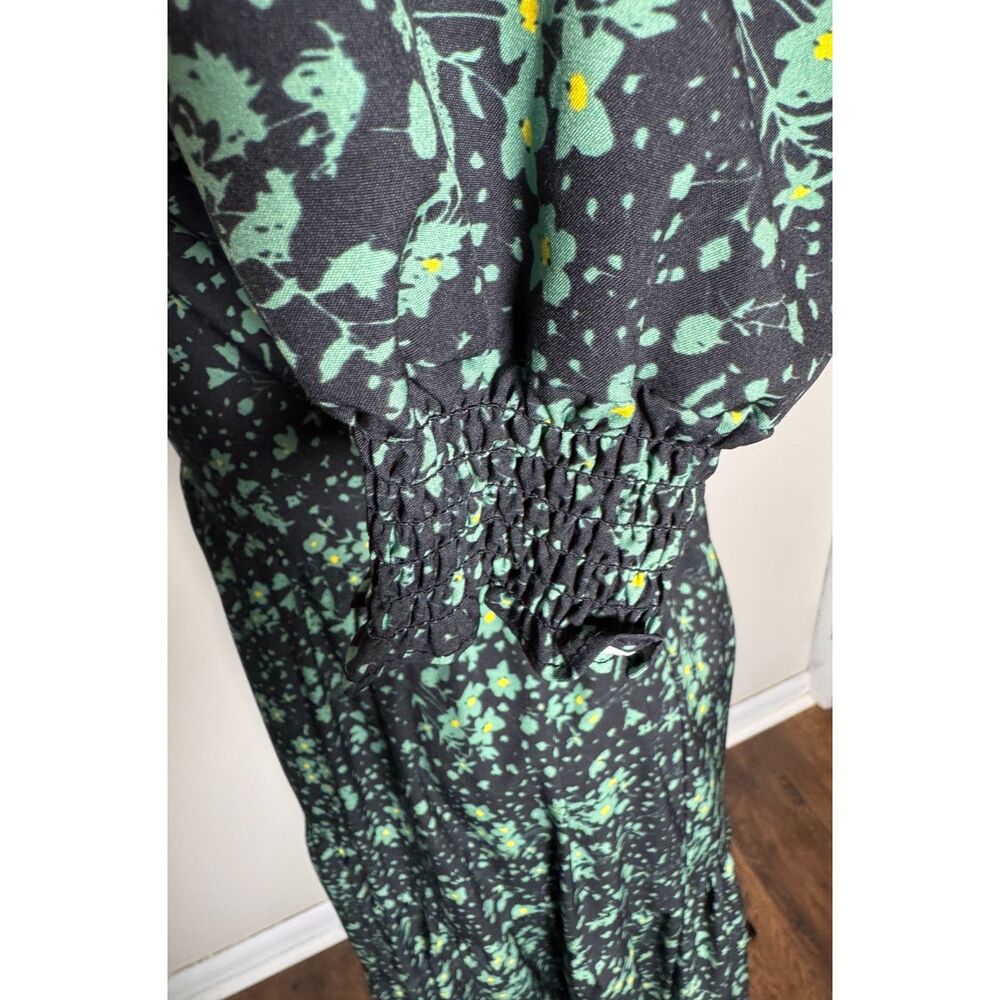 Aly Daly Floral Tiered Maxi Dress Black Green Smocked Tiered Long Sleeve M Boho - Picture 10 of 10